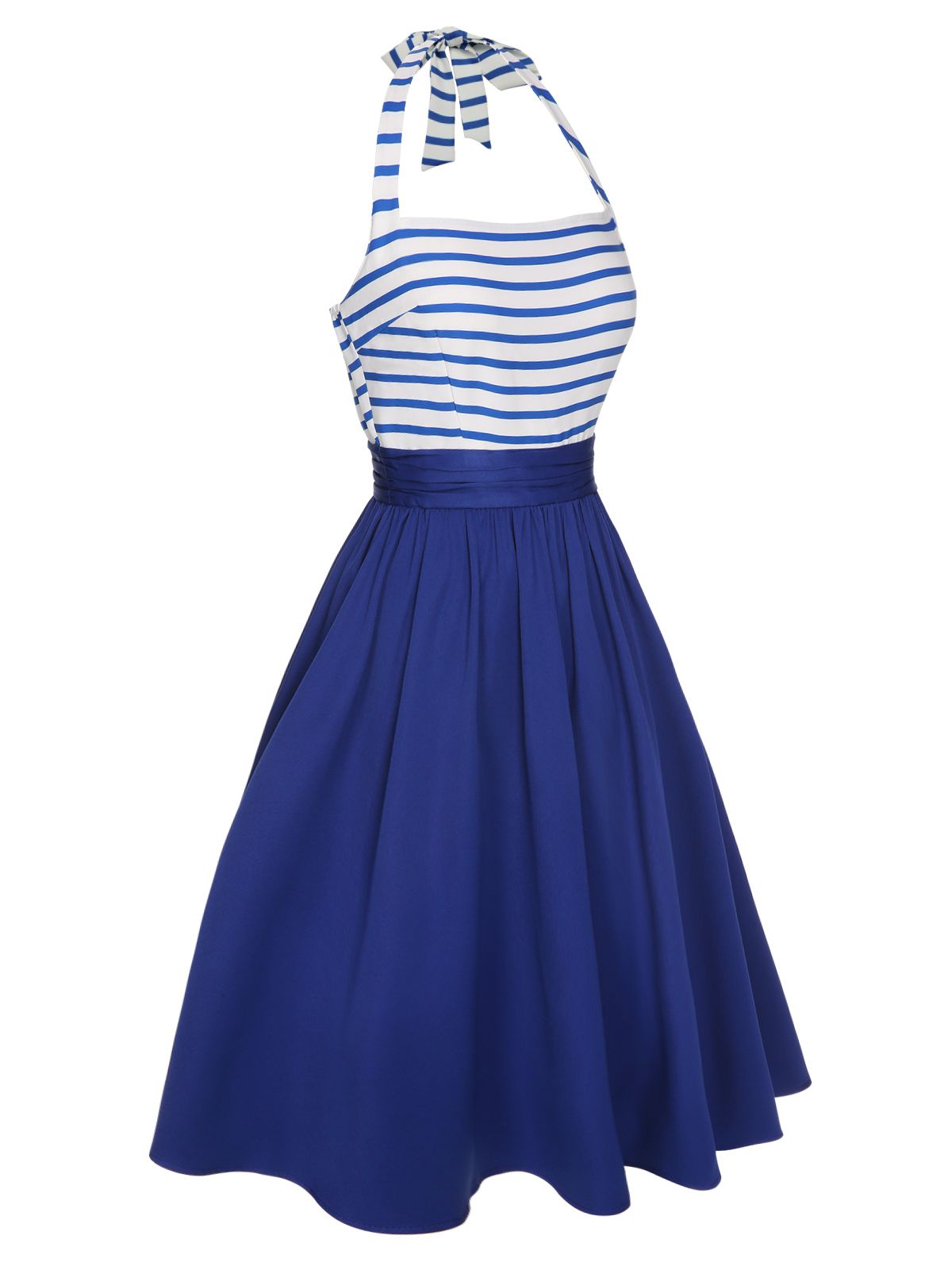 Blue Striped Patchwork Halter Dress