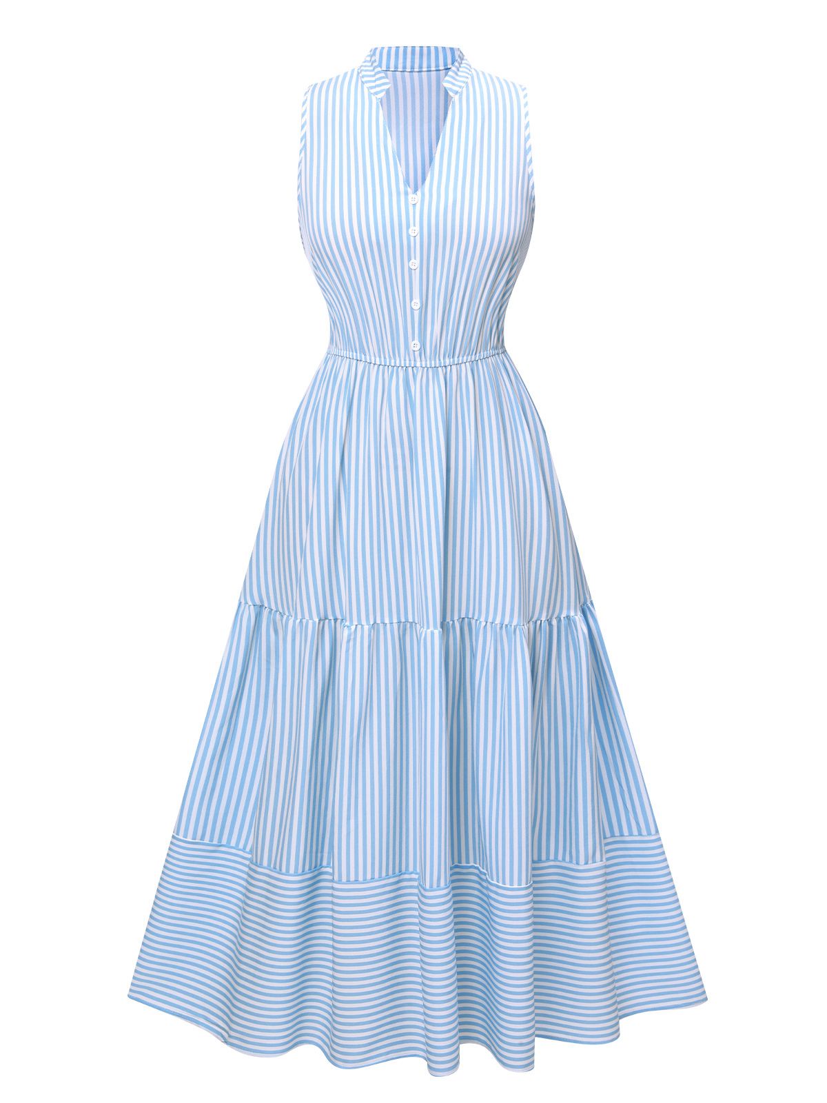 Sky Blue Stripes Stand Collar Dress