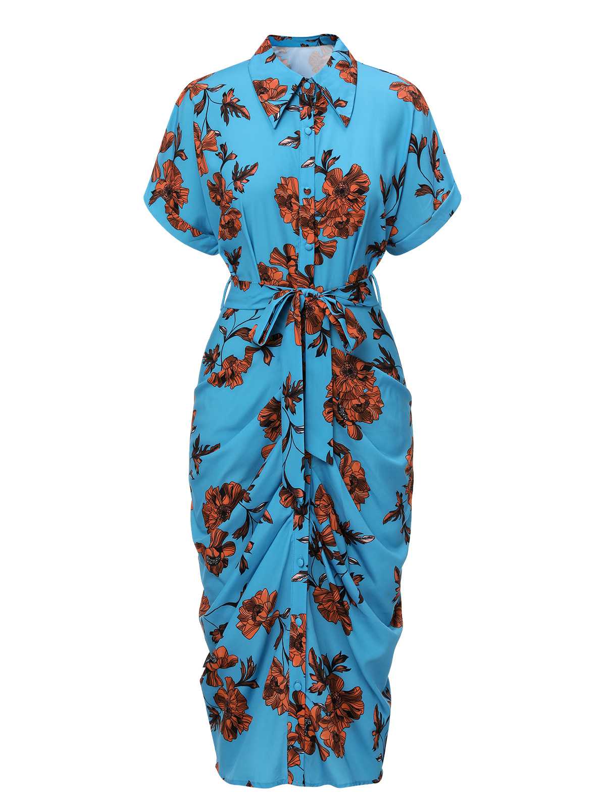 Blue Shirt Neck Floral Belted Dress