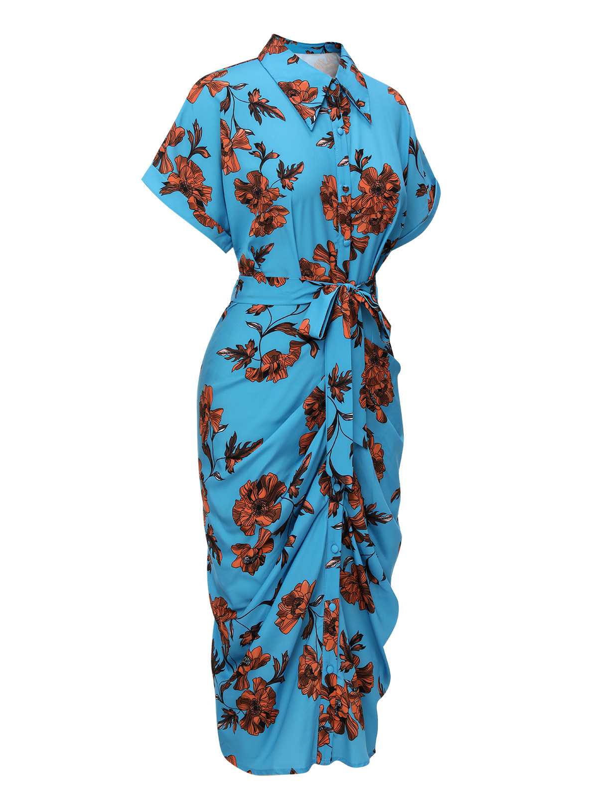 Blue Shirt Neck Floral Belted Dress