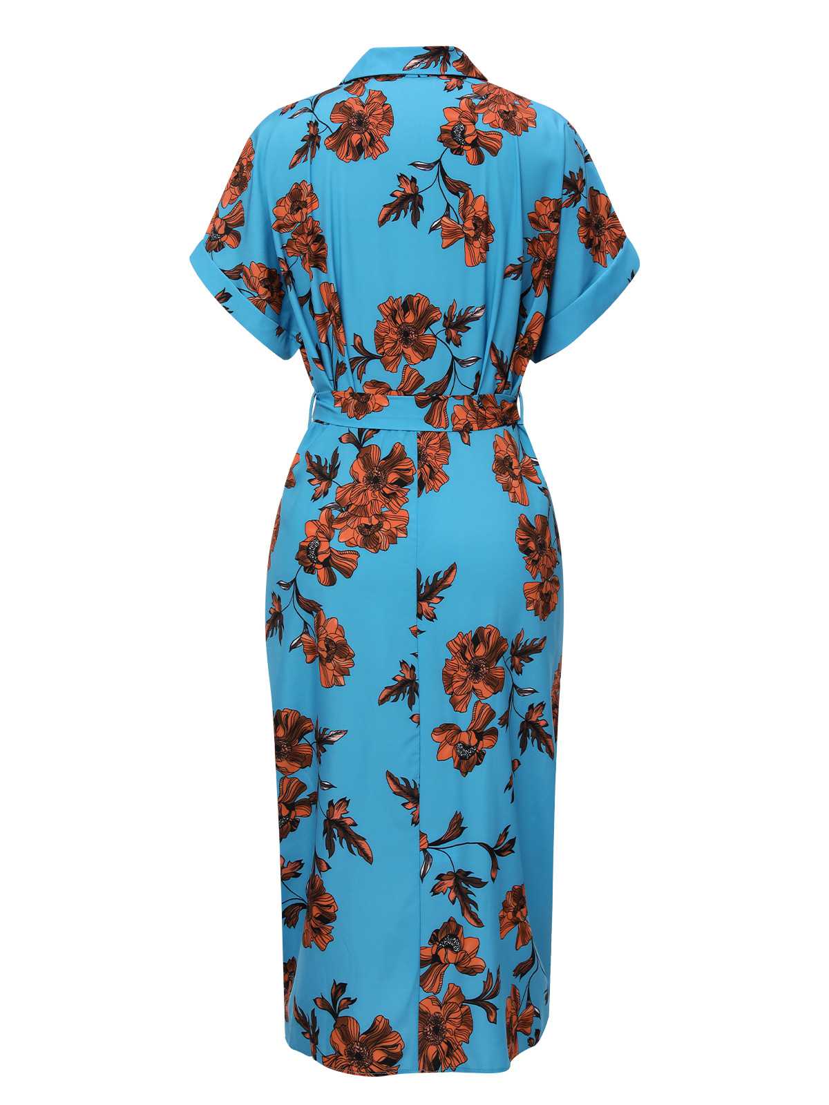 Blue Shirt Neck Floral Belted Dress