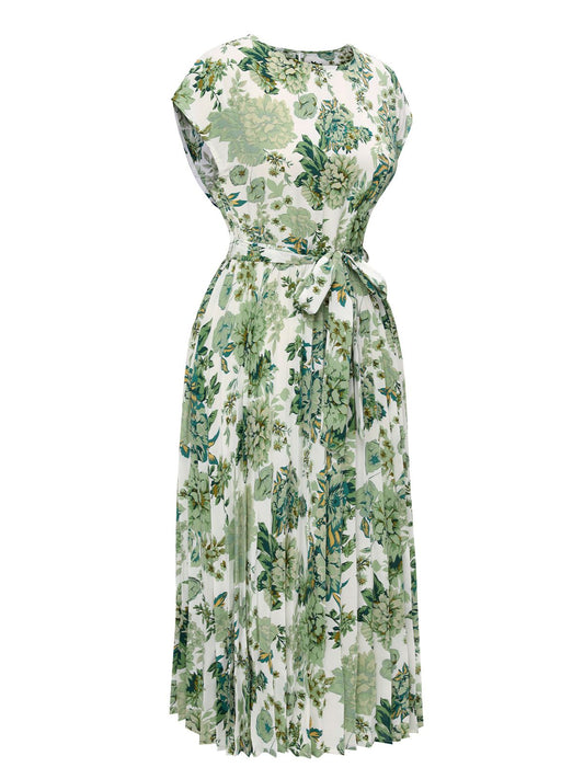 Green Floral Tie Belt Dress