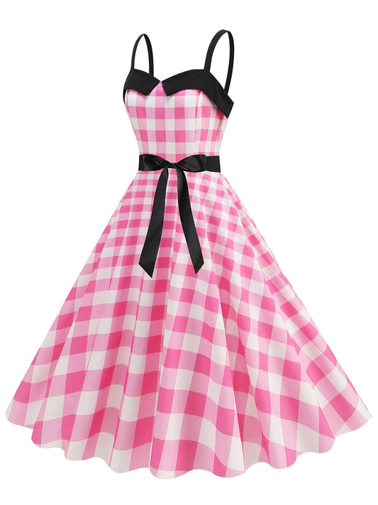 Pink Plaid Patchwork Spaghetti Straps Dress