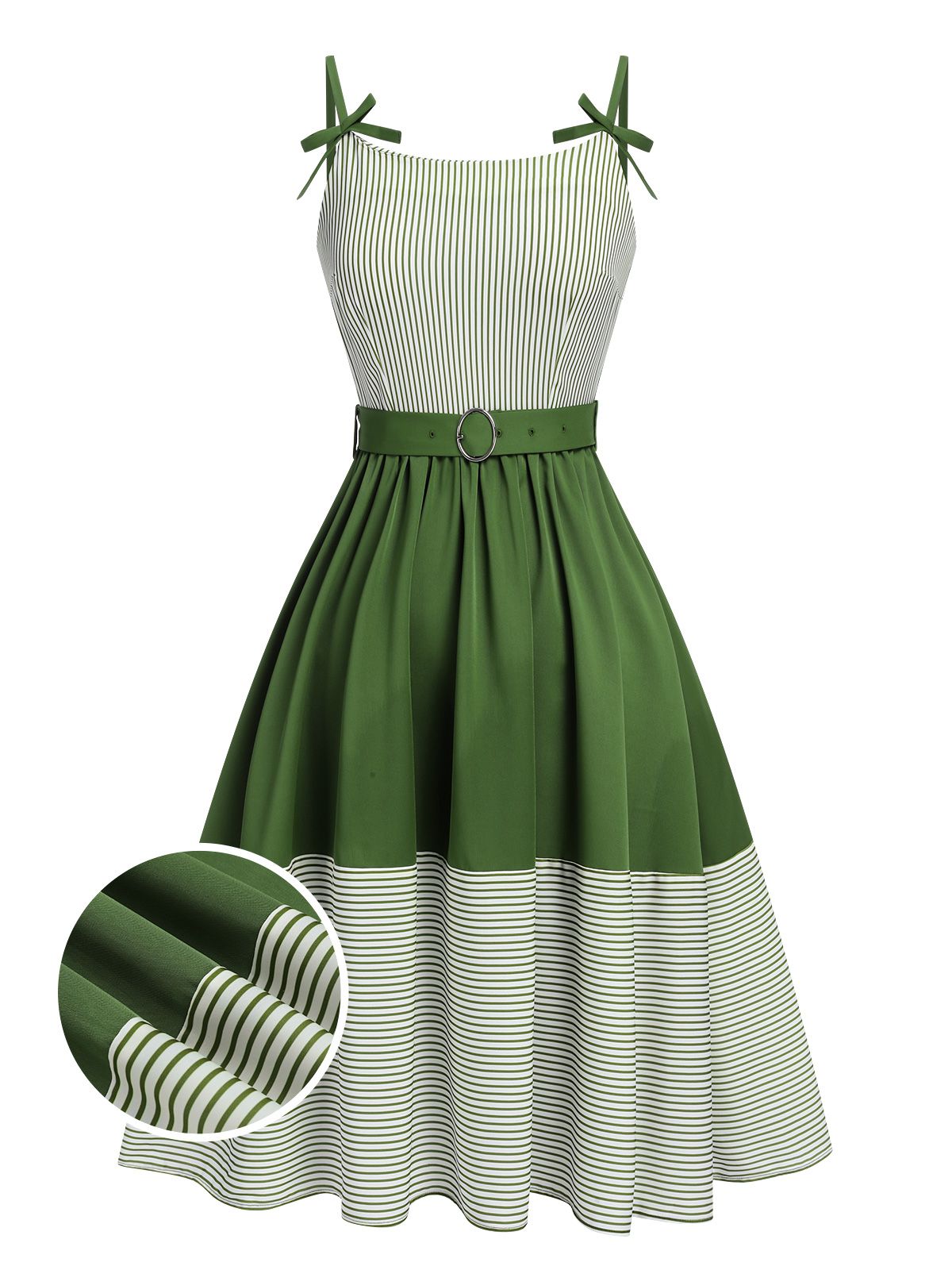 Green Spaghetti Strap Stripes Patchwork Belted Dress