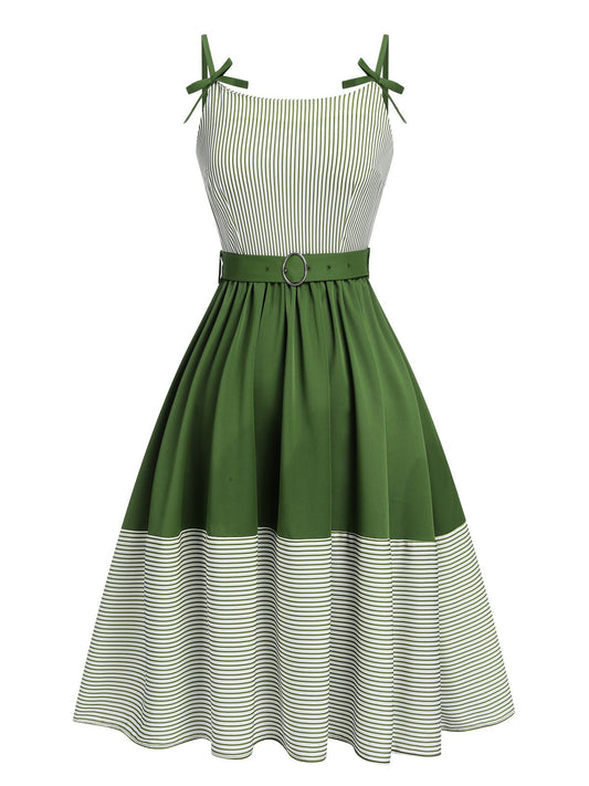 Green Spaghetti Strap Stripes Patchwork Belted Dress