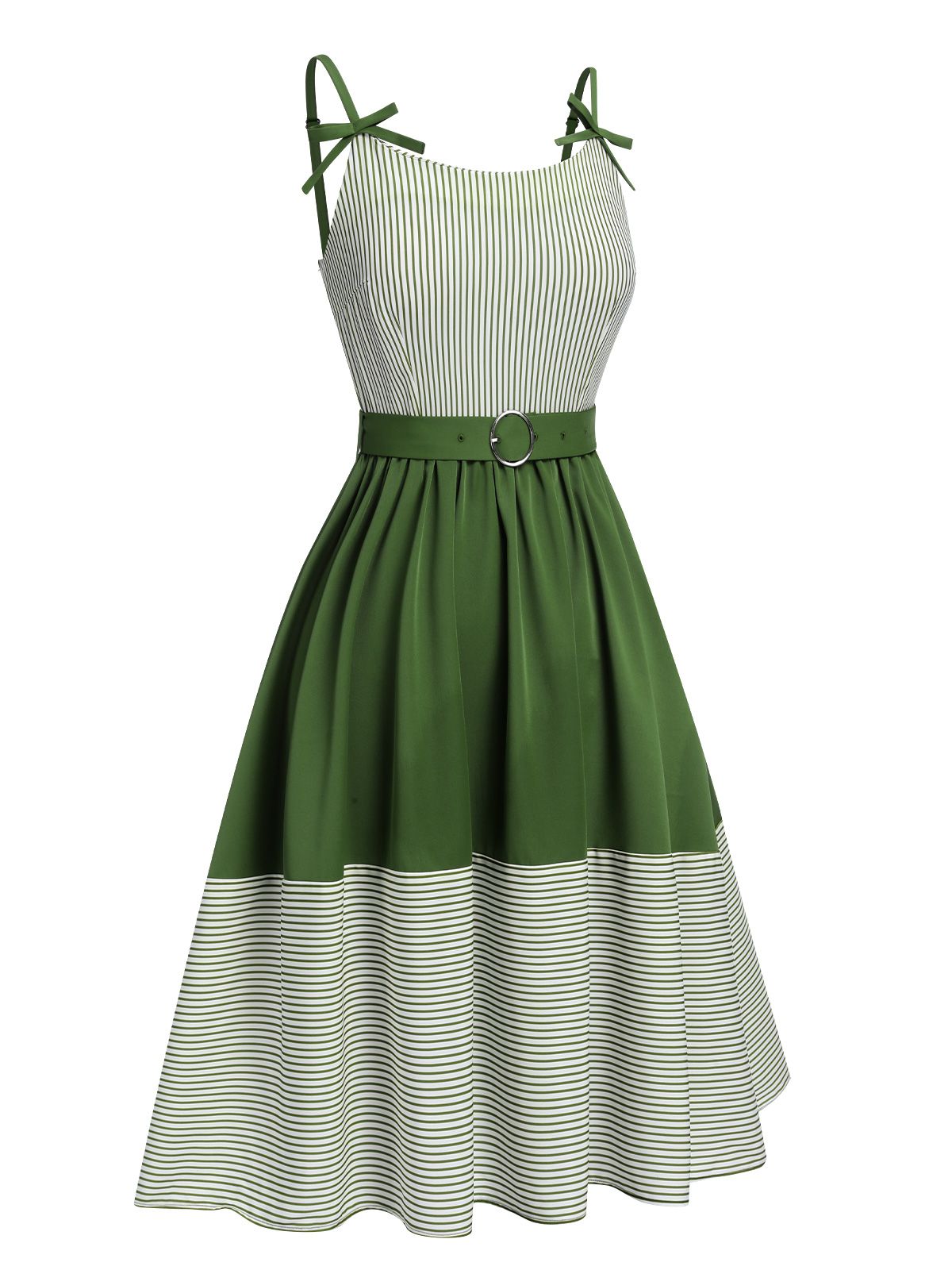 Green Spaghetti Strap Stripes Patchwork Belted Dress