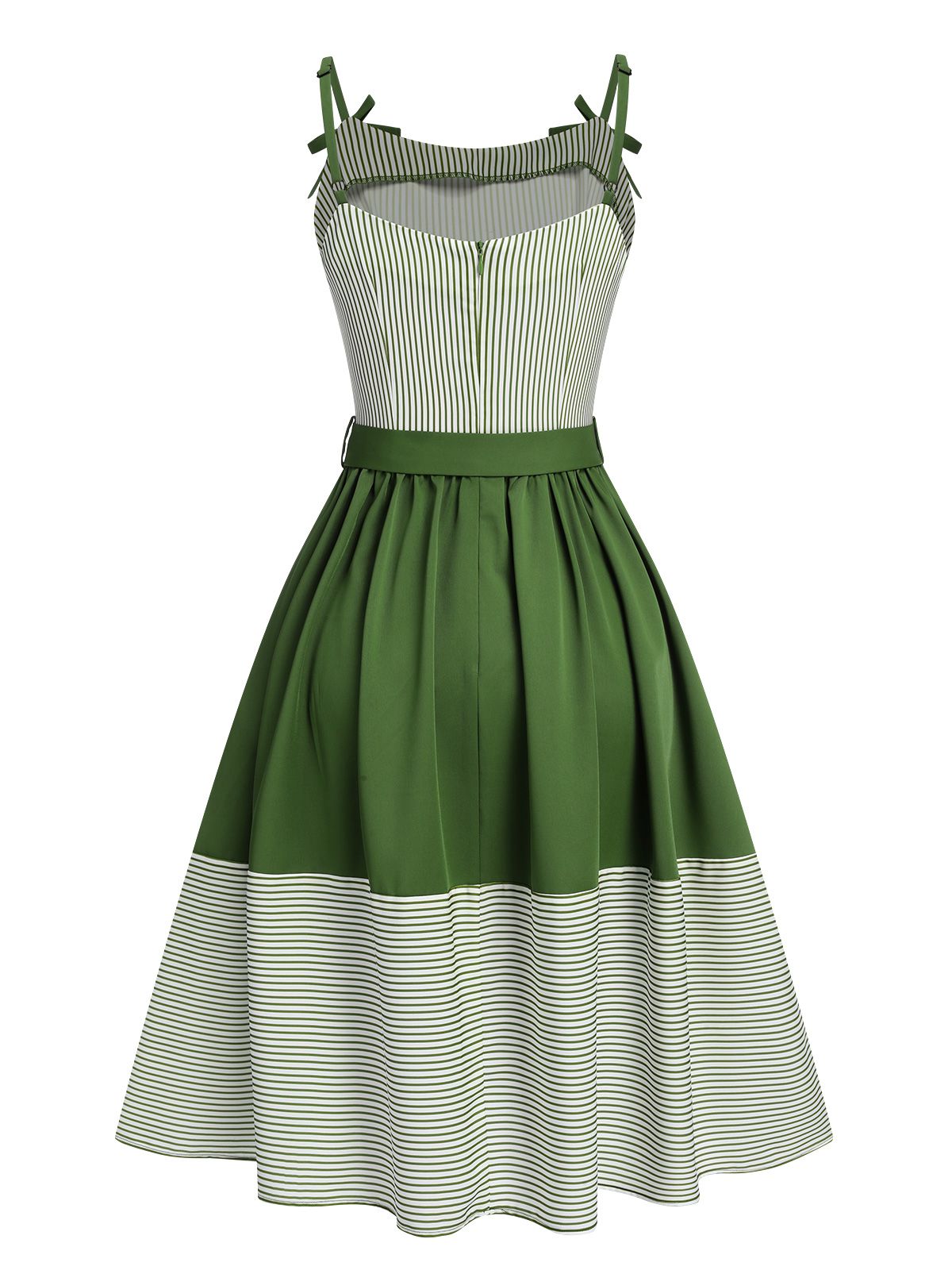 Green Spaghetti Strap Stripes Patchwork Belted Dress