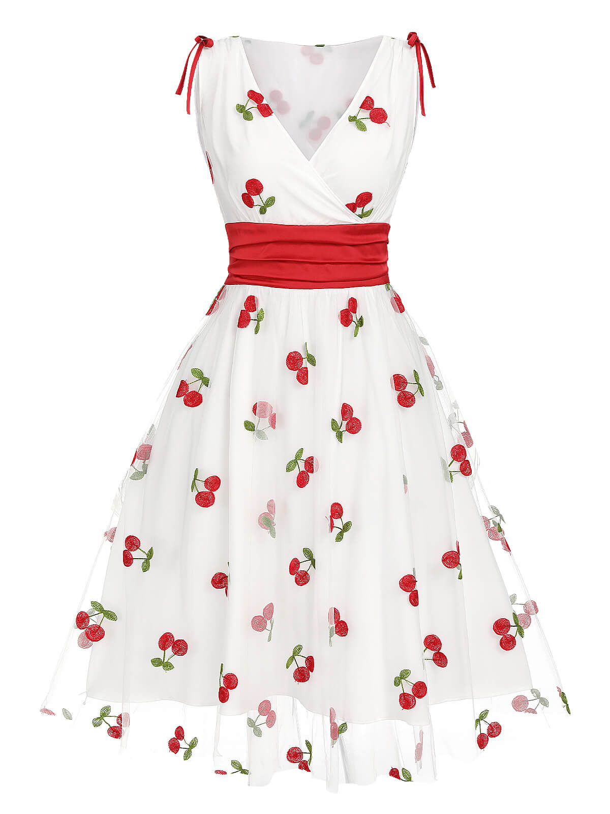 White Embroidered Cherry Mesh Dress