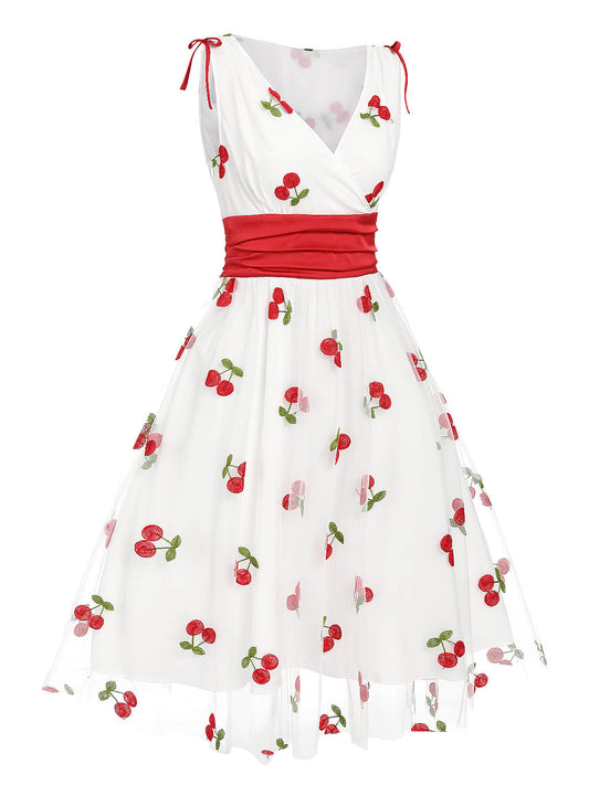 White Embroidered Cherry Mesh Dress