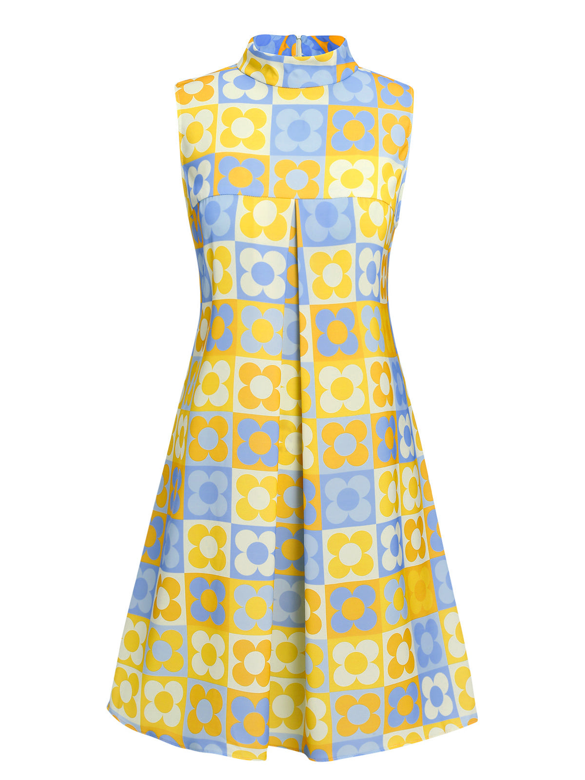 Yellow & Blue  Floral Stand Collar Dress