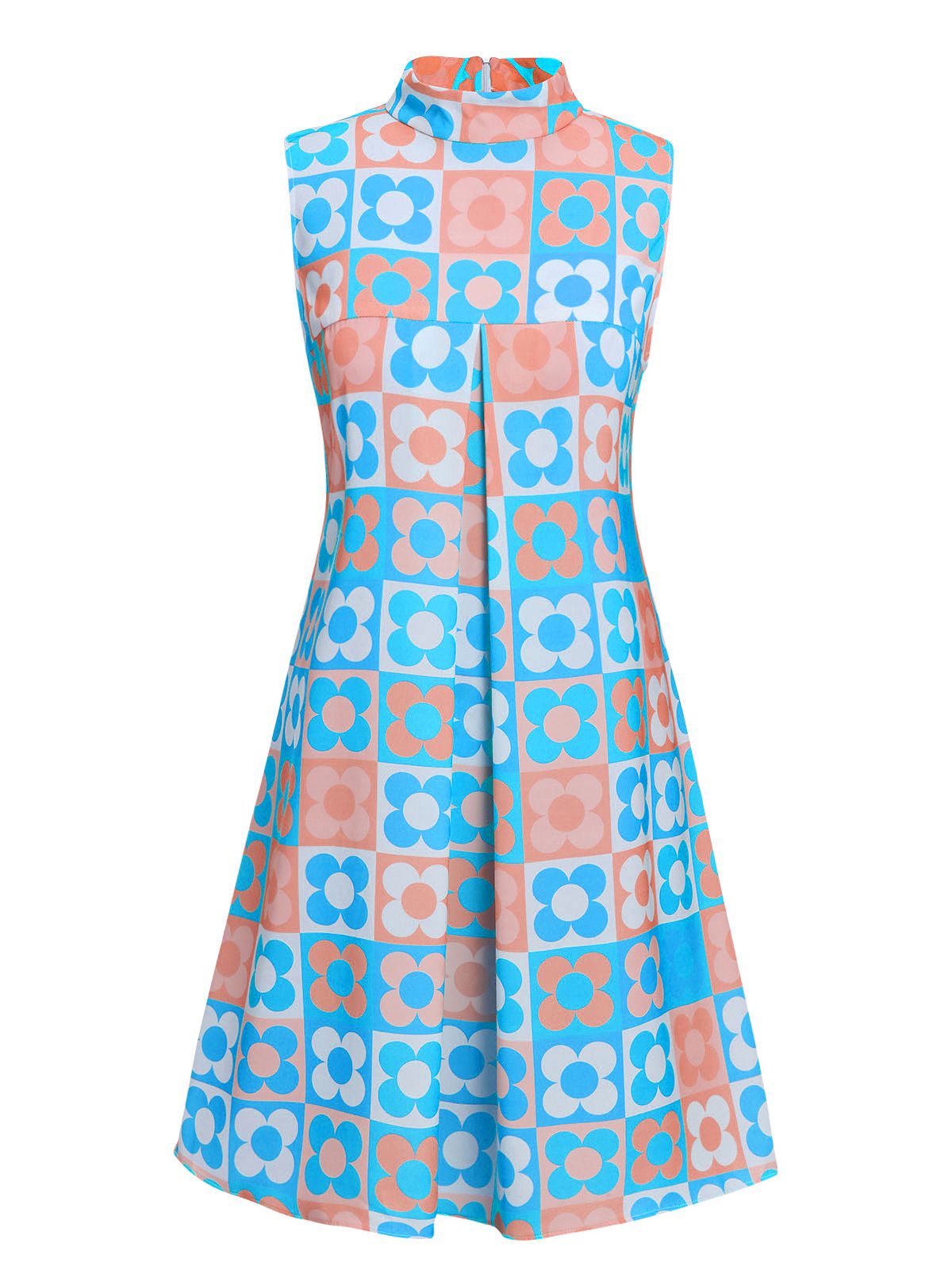 Orange & Blue  Floral Stand Collar Dress