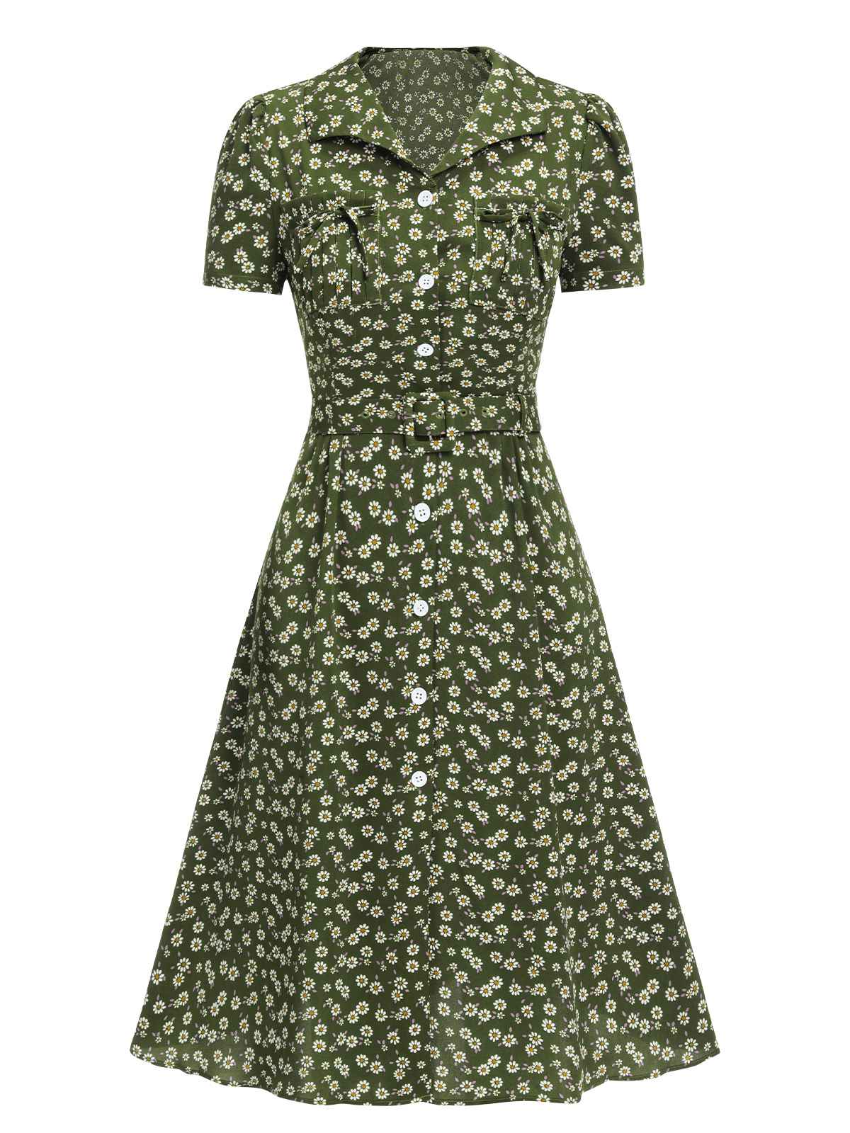 Green Lapel Buttons Ditsy Floral Dress