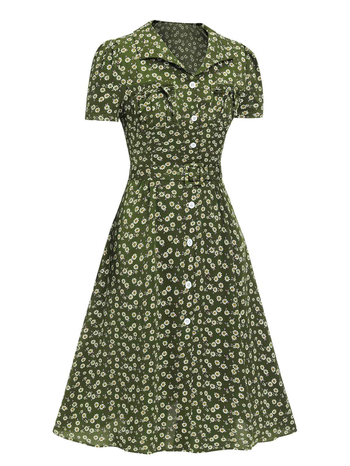 Green Lapel Buttons Ditsy Floral Dress