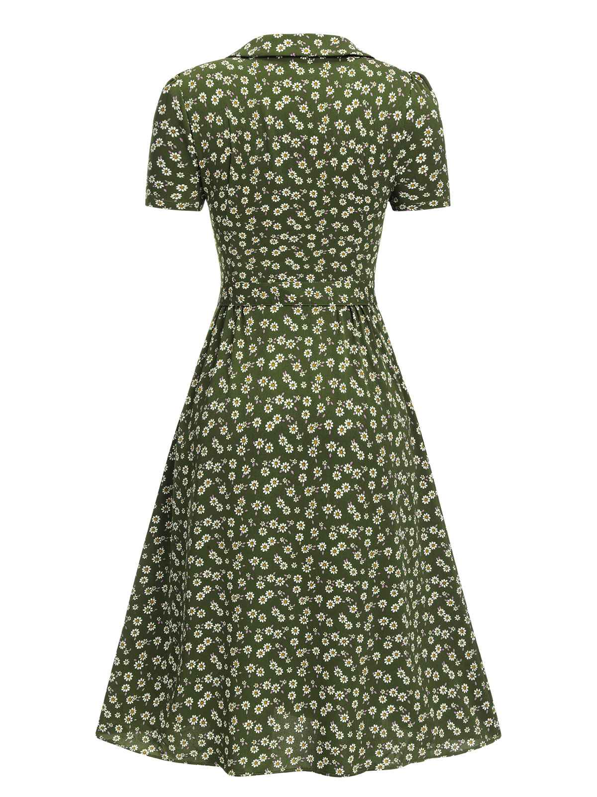 Green Lapel Buttons Ditsy Floral Dress