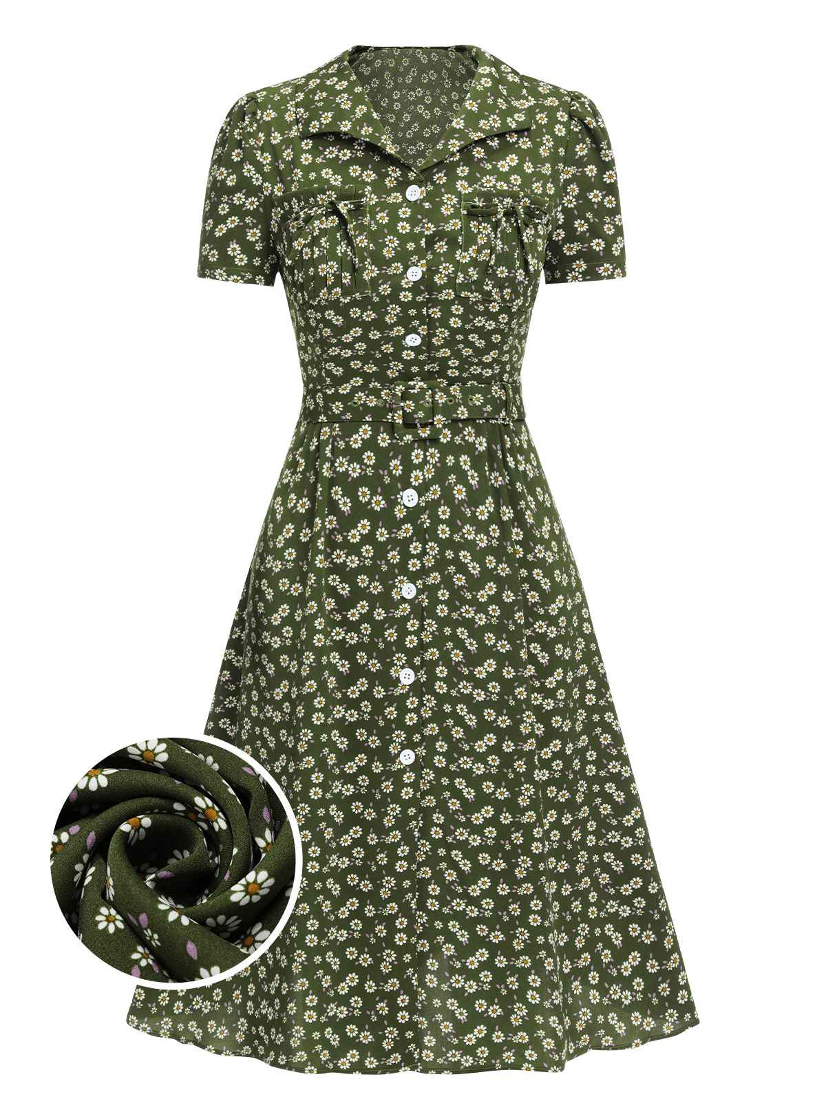 Green Lapel Buttons Ditsy Floral Dress