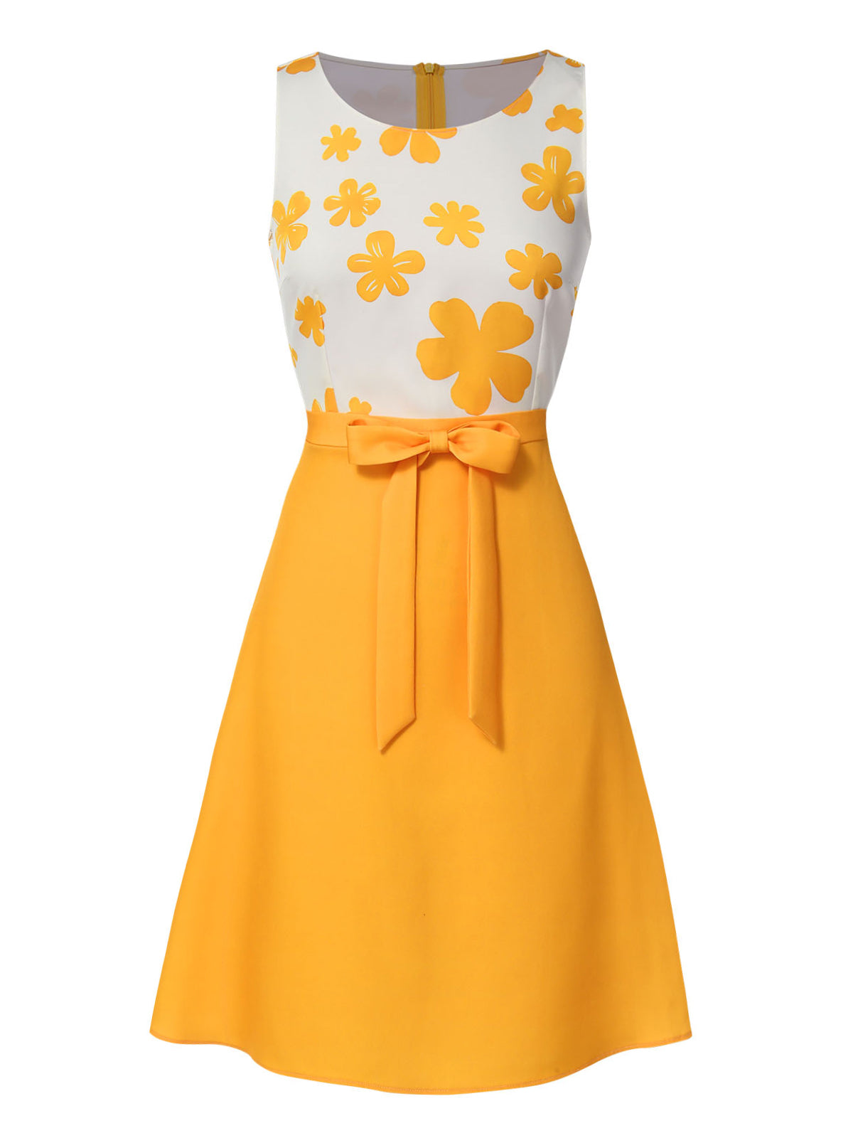 Yellow  Floral Bow Sleeveless Dress