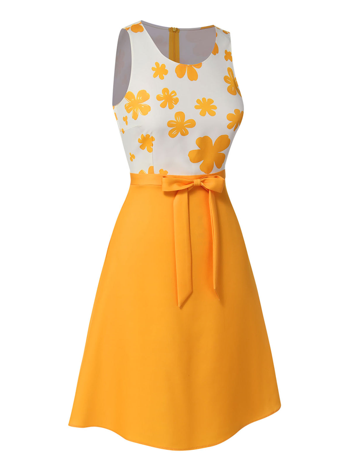 Yellow  Floral Bow Sleeveless Dress