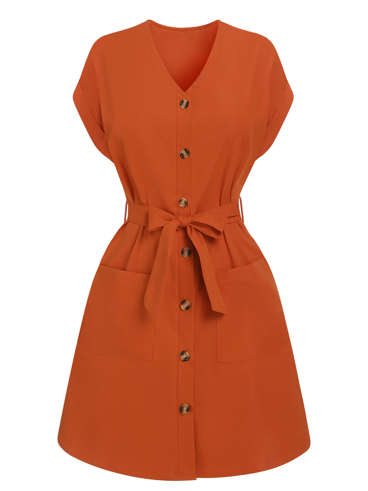 Solid Button V-Neck Belt Dress