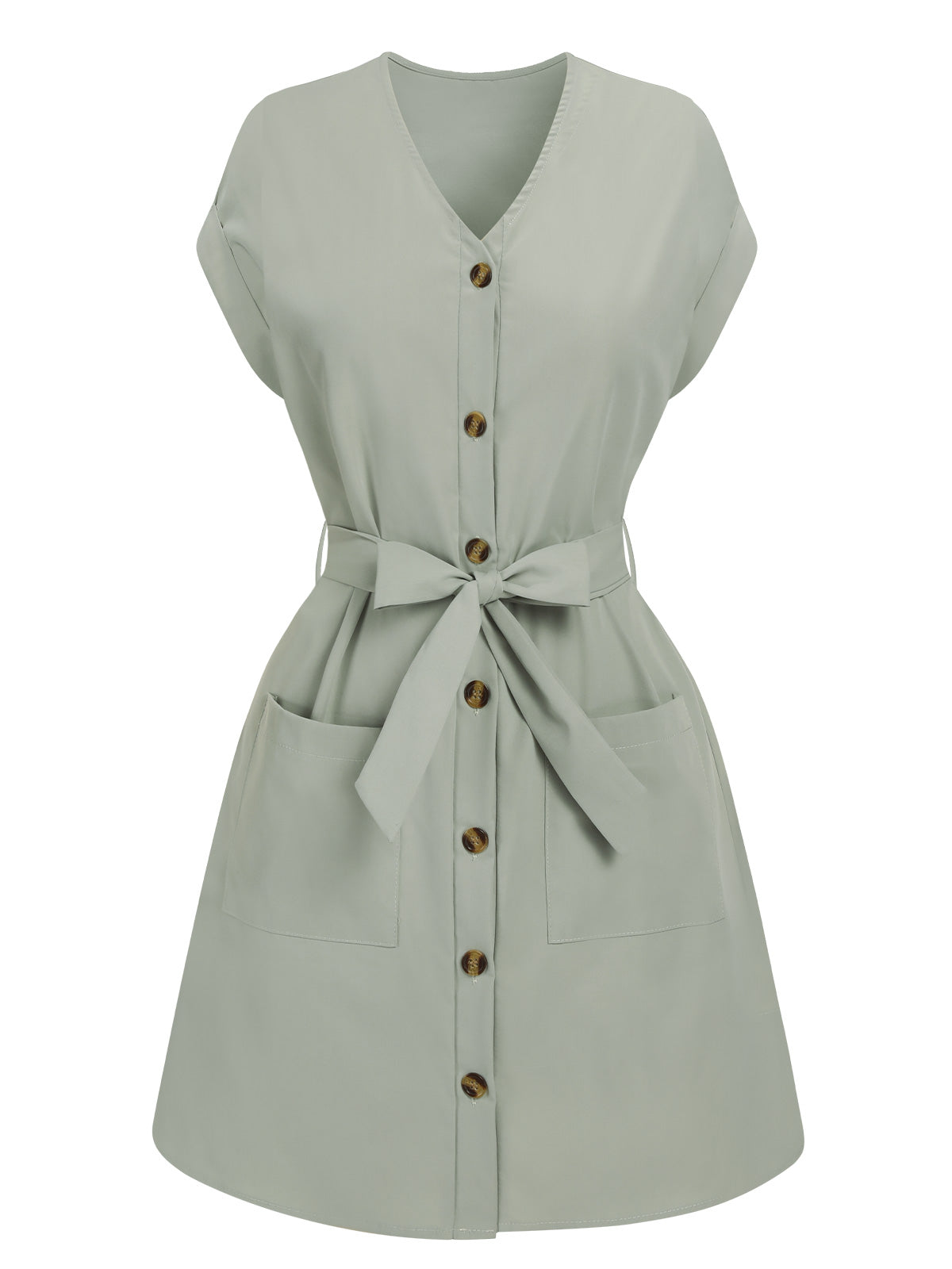 Solid Button V-Neck Belt Dress