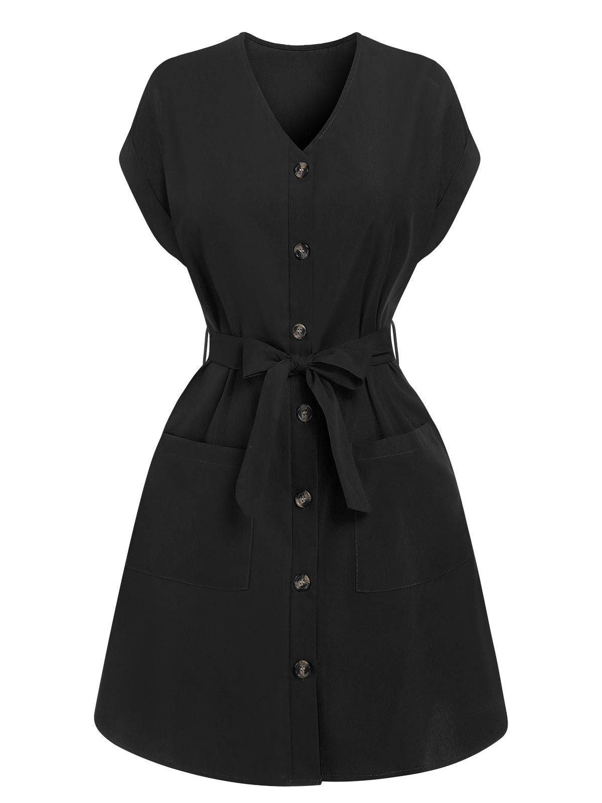 Solid Button V-Neck Belt Dress