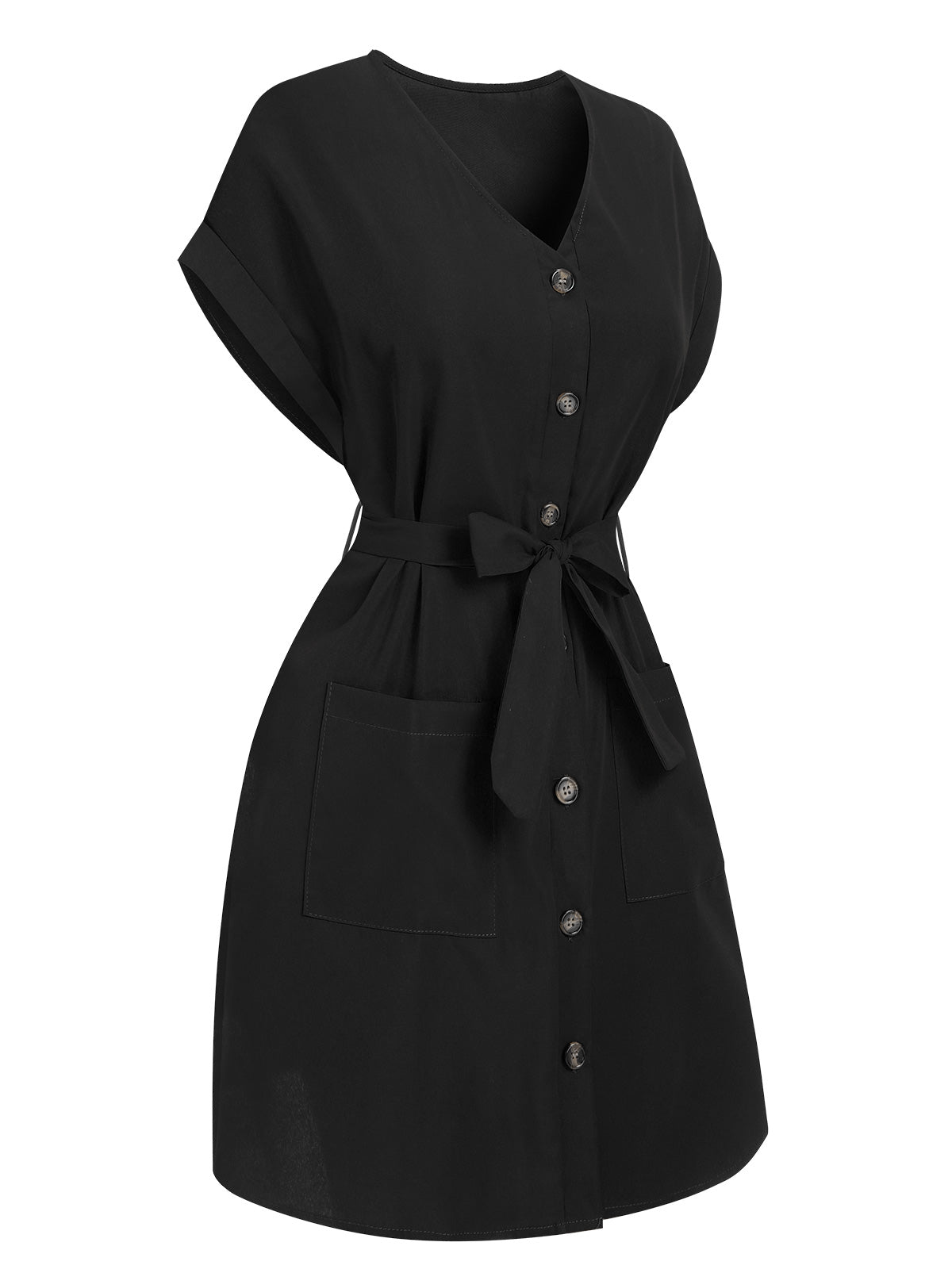 Solid Button V-Neck Belt Dress