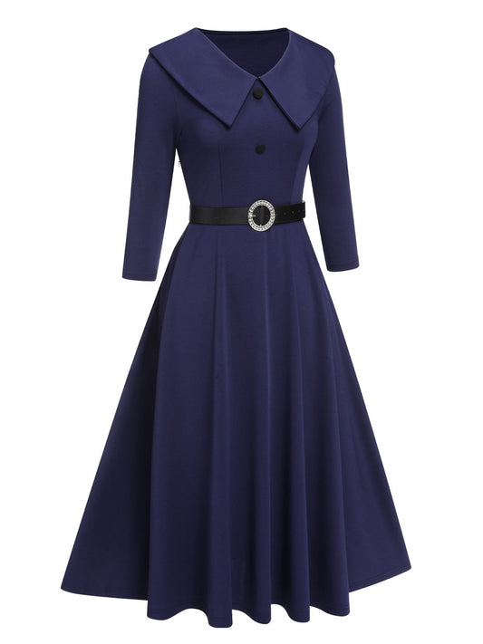 Dark Blue Solid Lapel Dress with Belt