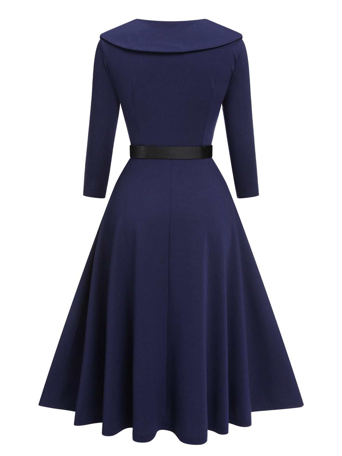 Dark Blue Solid Lapel Dress with Belt