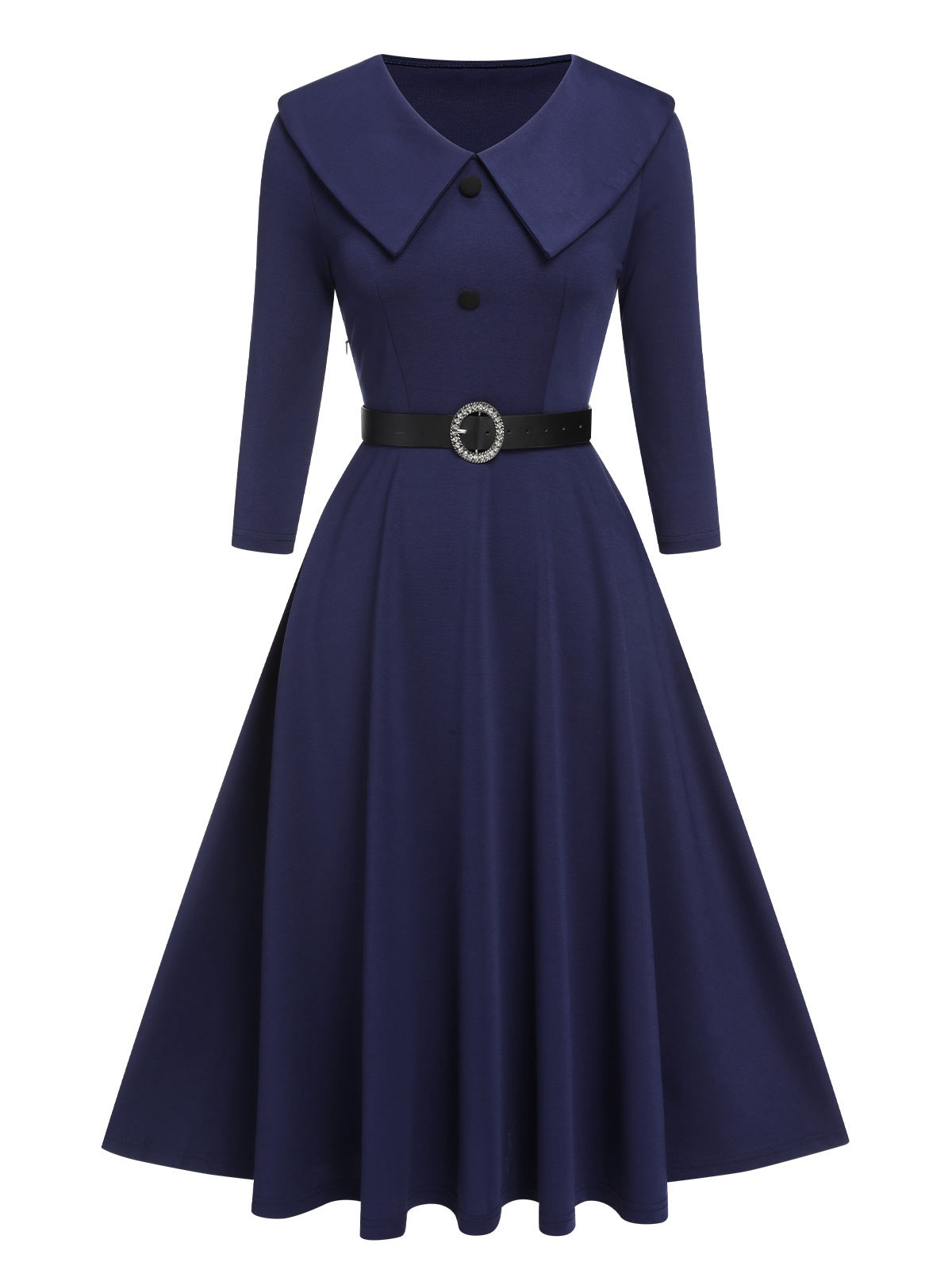 Dark Blue Solid Lapel Dress with Belt