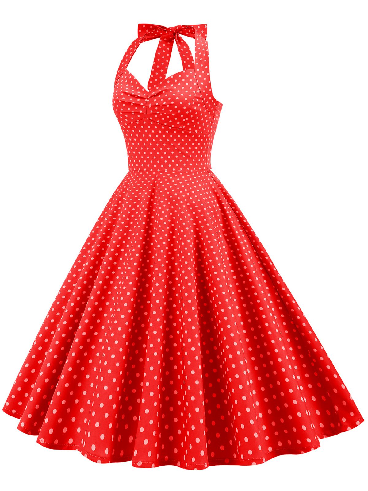 Polka Dots Lace Up Halter Swing Dress