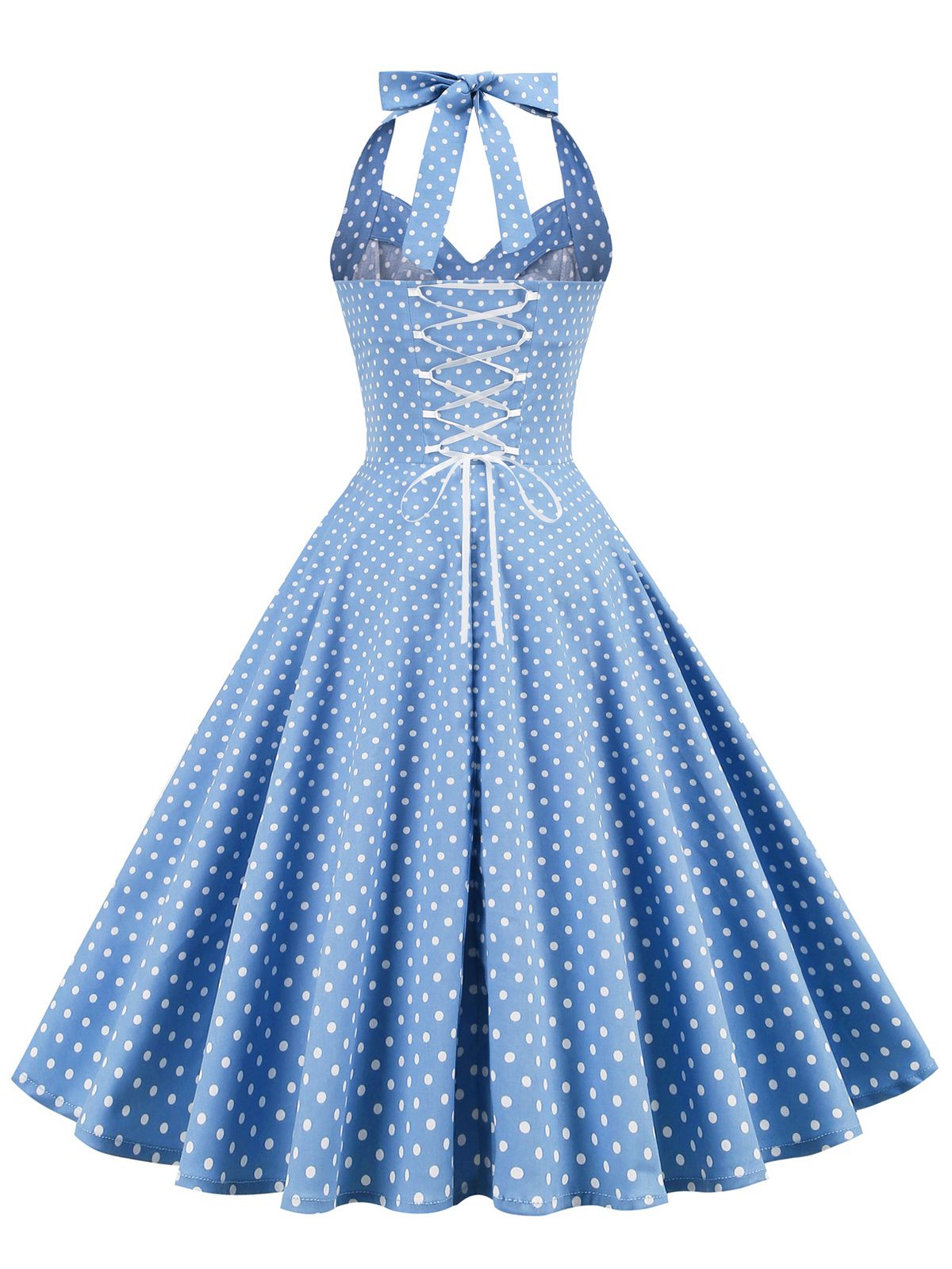 Polka Dots Lace Up Halter Swing Dress