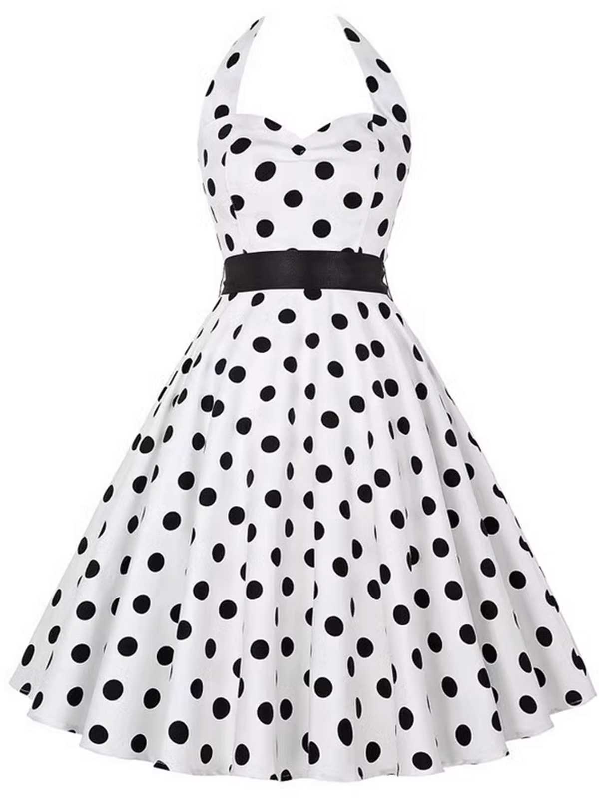 Halter Contrast Polka Dots Belted Dress