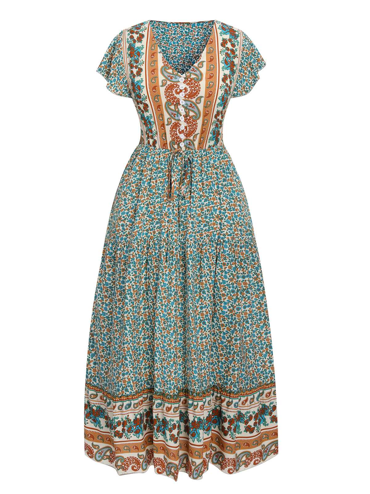 Green Cap Sleeve Bohemian Dress