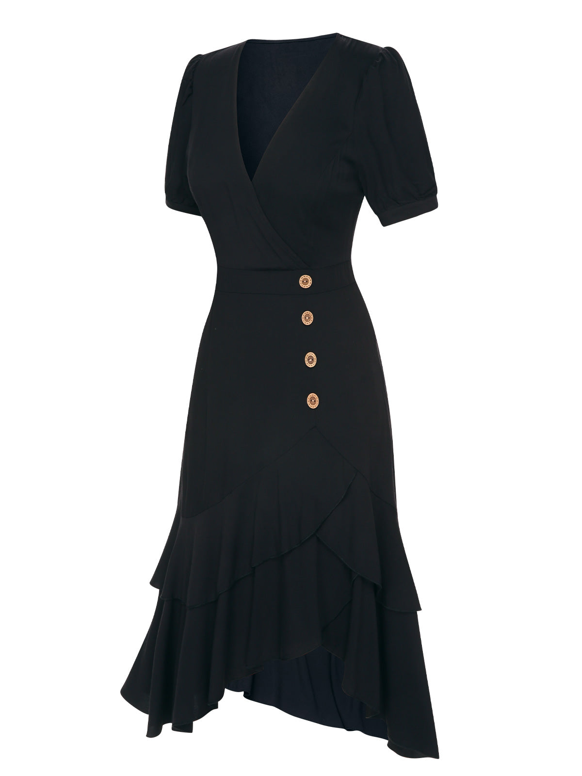 Black V-Neck Irregular Hem Button Dress