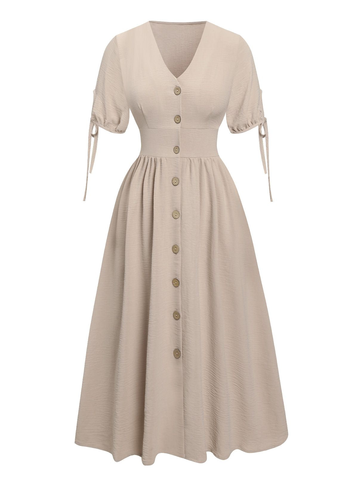 Beige Solid V-Neck Buttons Dress