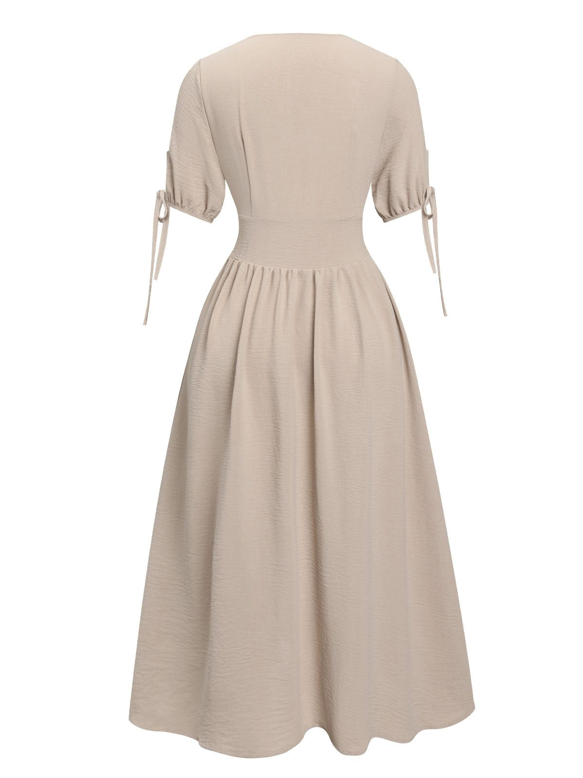 Beige Solid V-Neck Buttons Dress