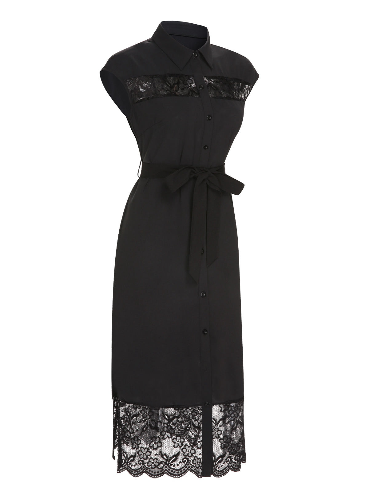 Black Solid Lace Shirt Collar Belted Dress