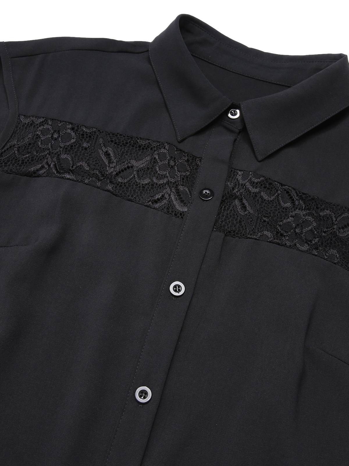 Black Solid Lace Shirt Collar Belted Dress