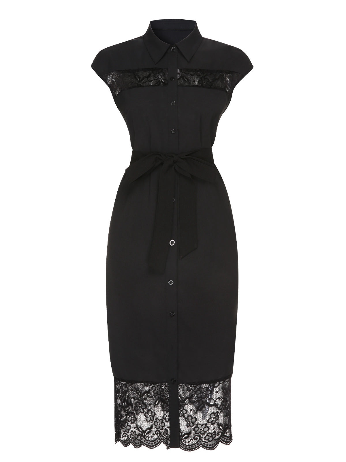 Black Solid Lace Shirt Collar Belted Dress