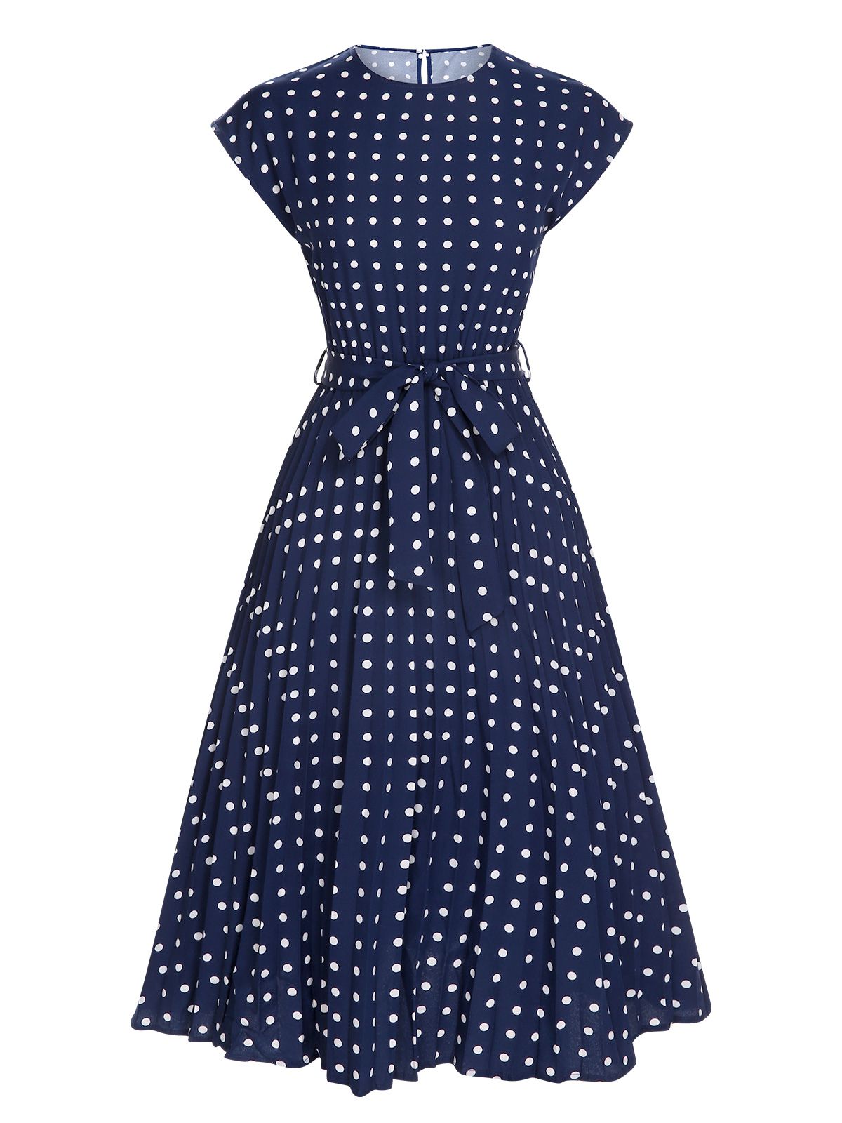 Royal Blue Polka Dots Belt Cap Dress