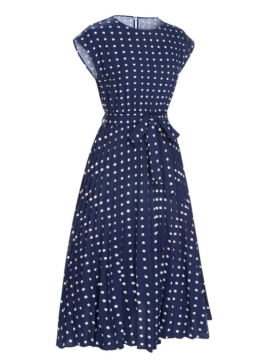 Royal Blue Polka Dots Belt Cap Dress