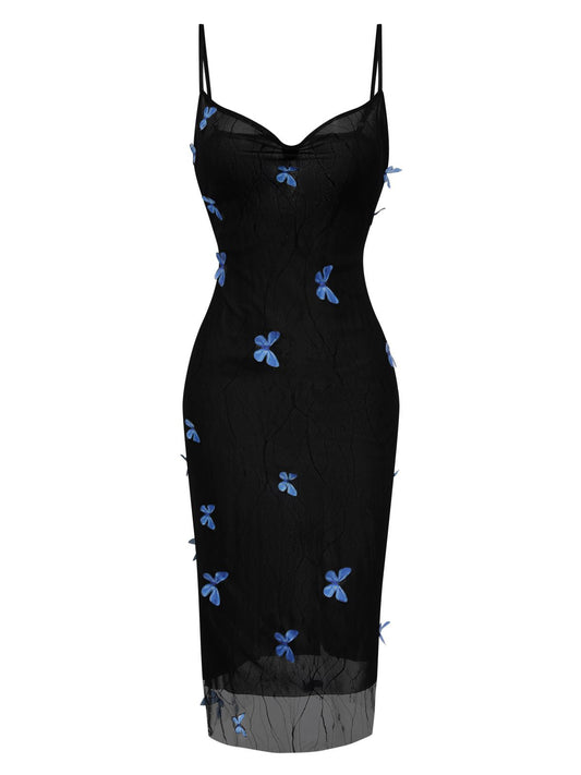 Black Butterfly Mesh Strap Dress