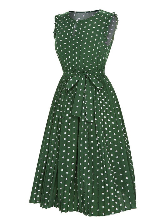 Green Polka Dot Keyhole Pleated Dress