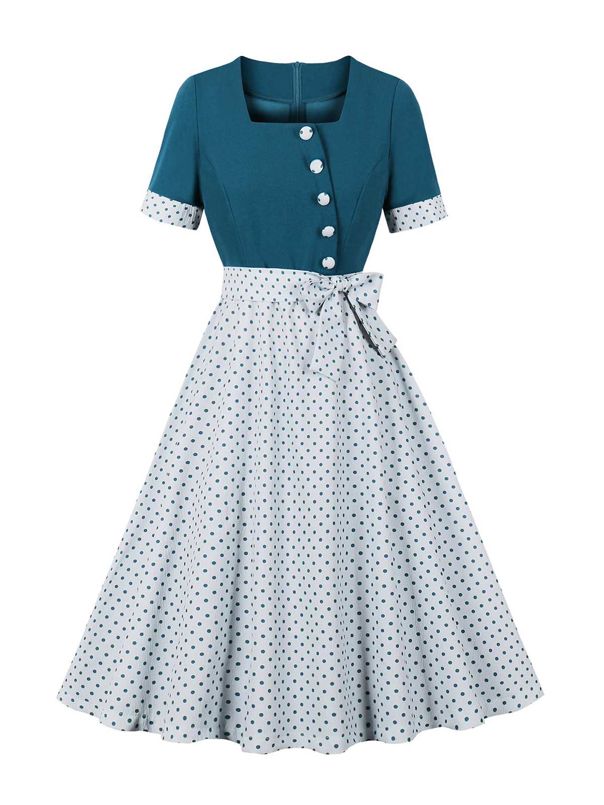 Square Neck Polka Dots Bow Dress