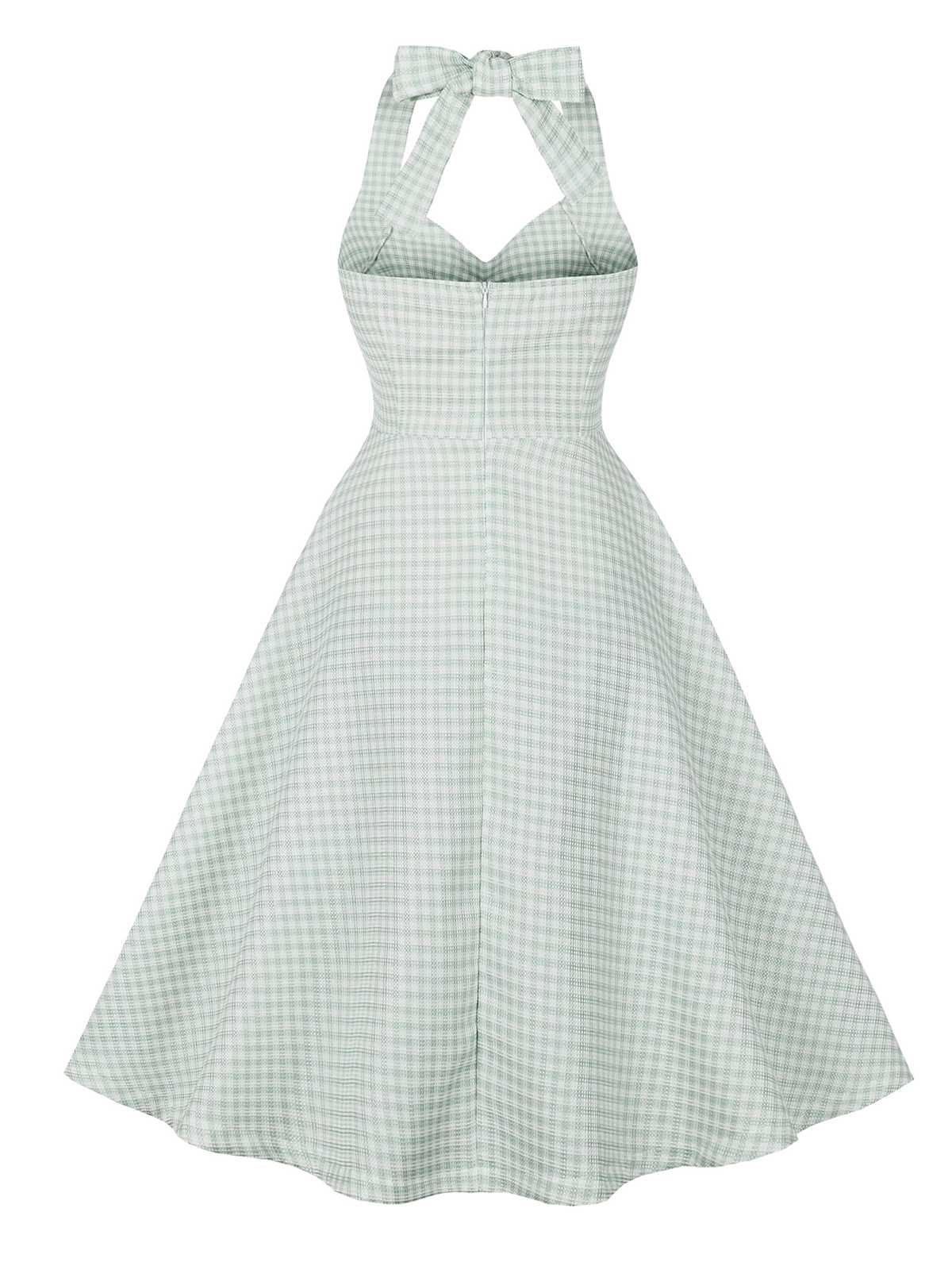 Green Gray Halter Plaids Dress