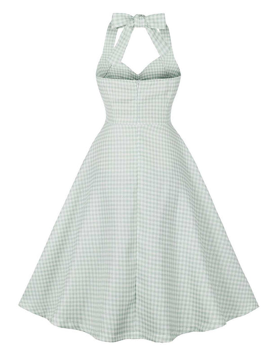 Green Gray Halter Plaids Dress