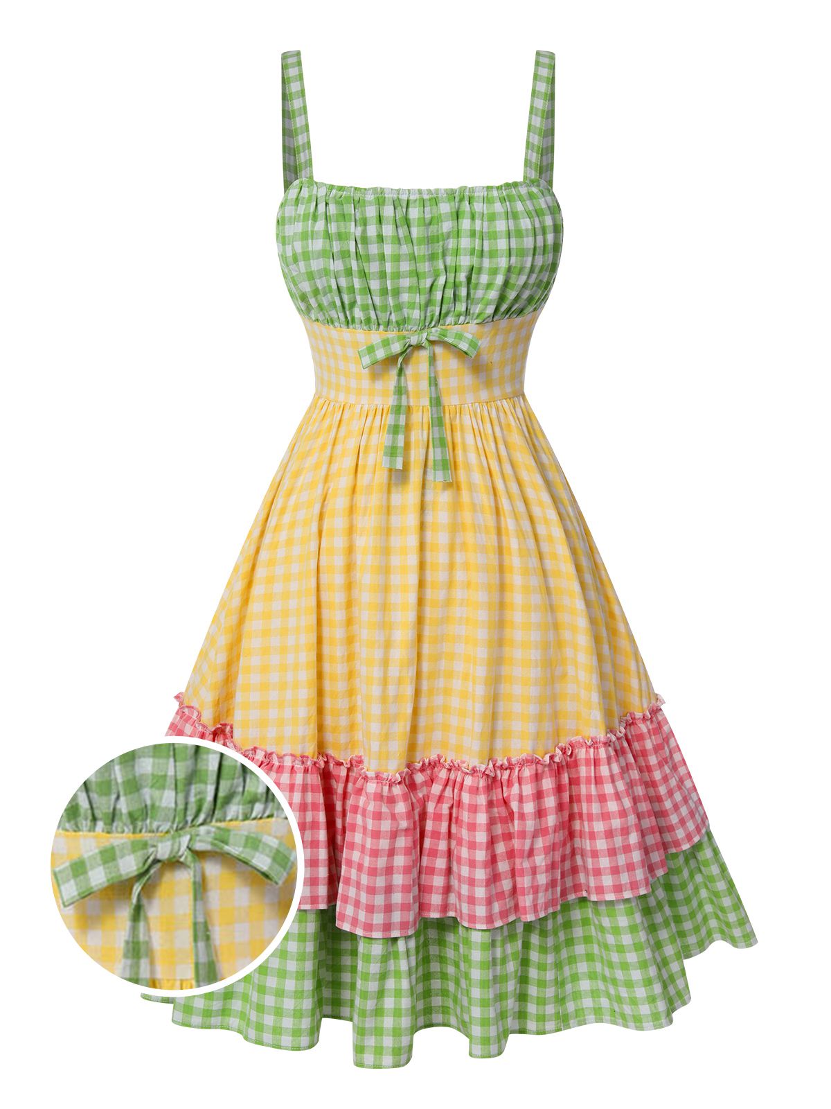 Multicolor Spaghetti Straps Plaid Patchwork Dress