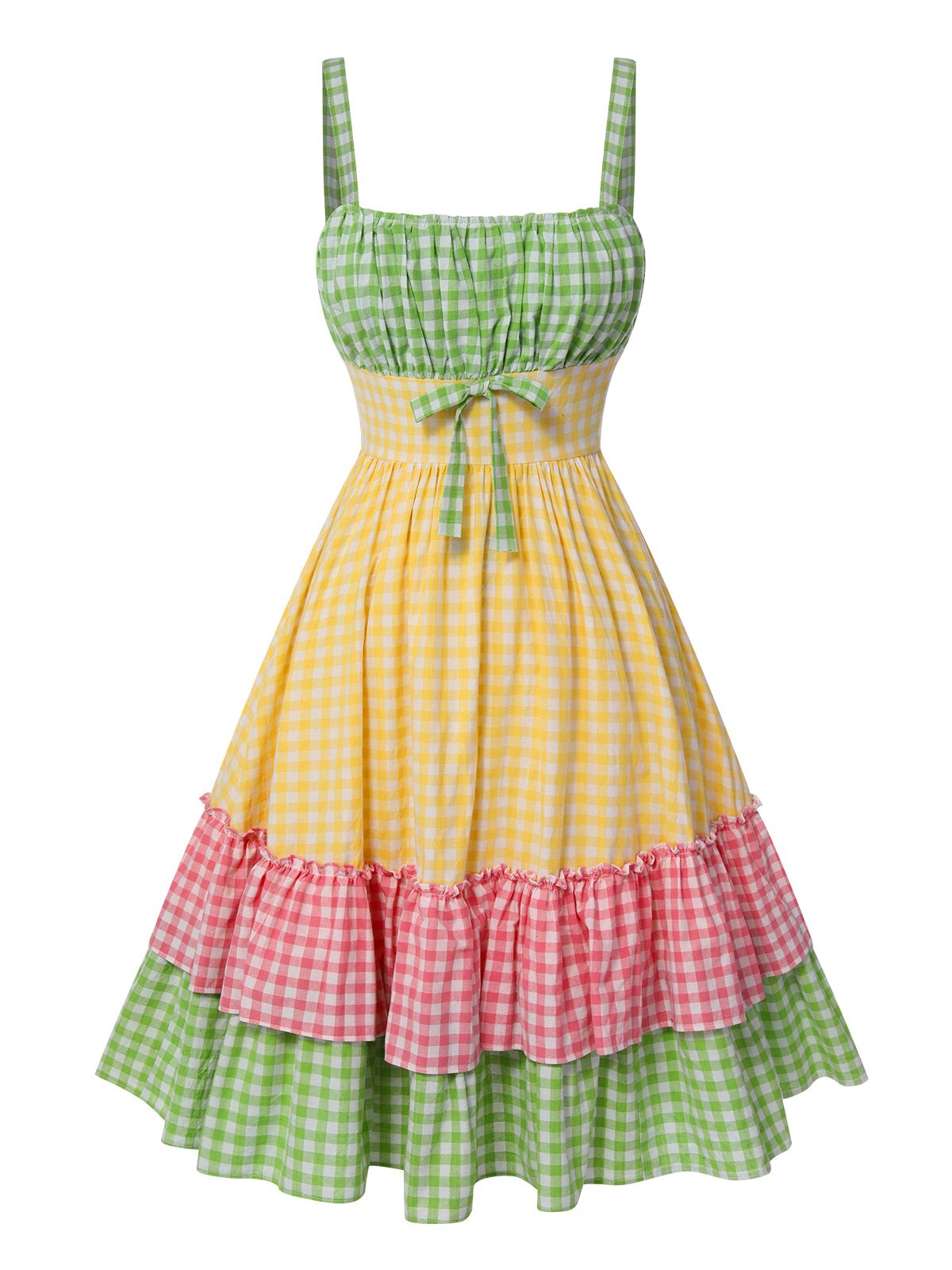 Multicolor Spaghetti Straps Plaid Patchwork Dress