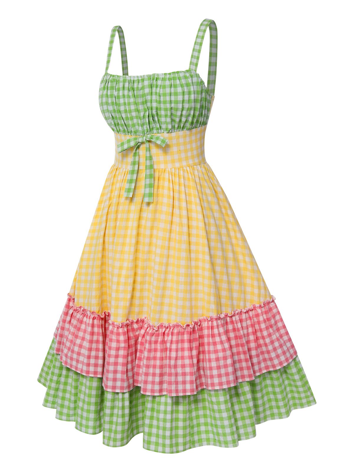 Multicolor Spaghetti Straps Plaid Patchwork Dress