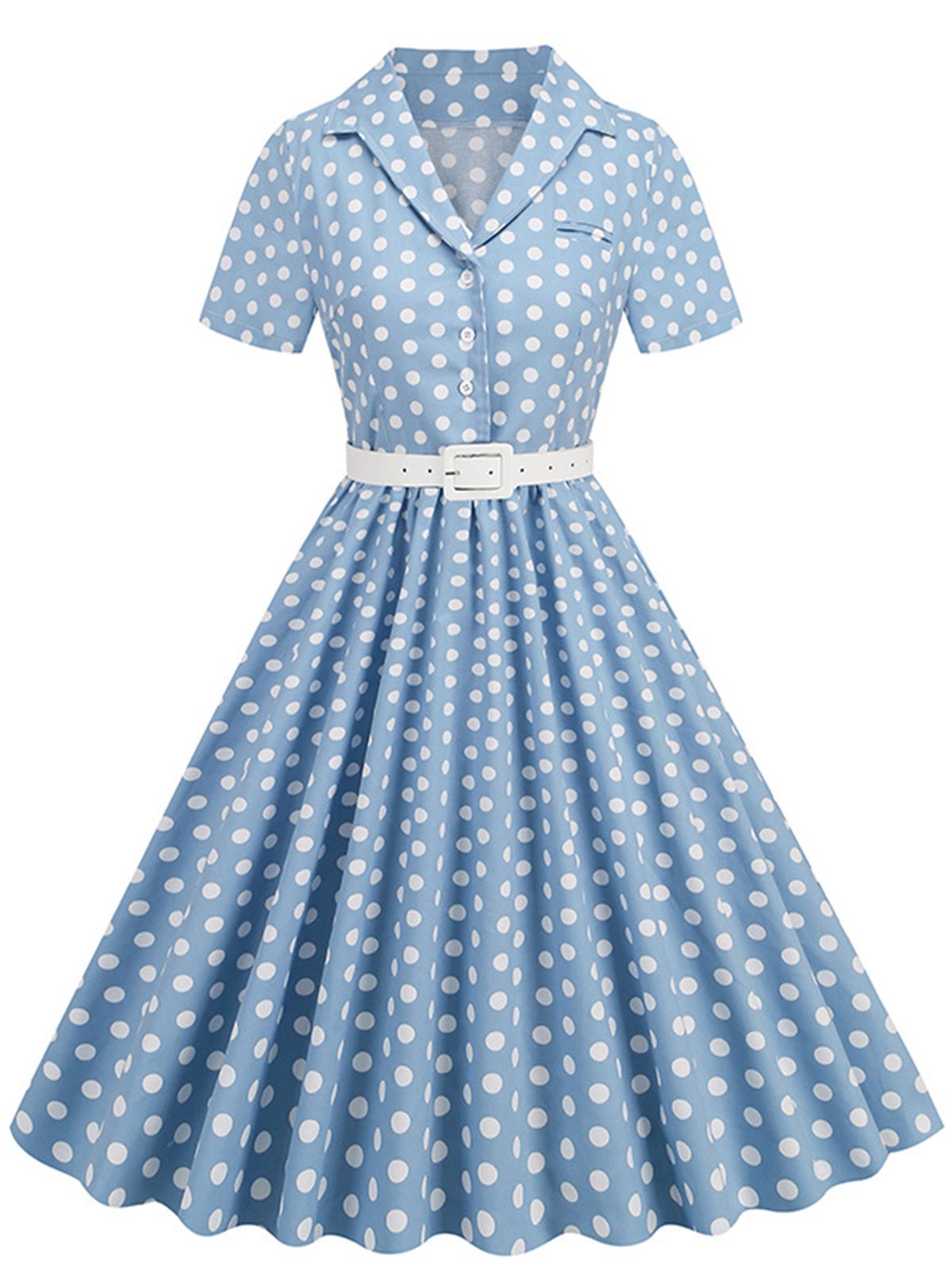 Polka Dots Lapel Belted Dress