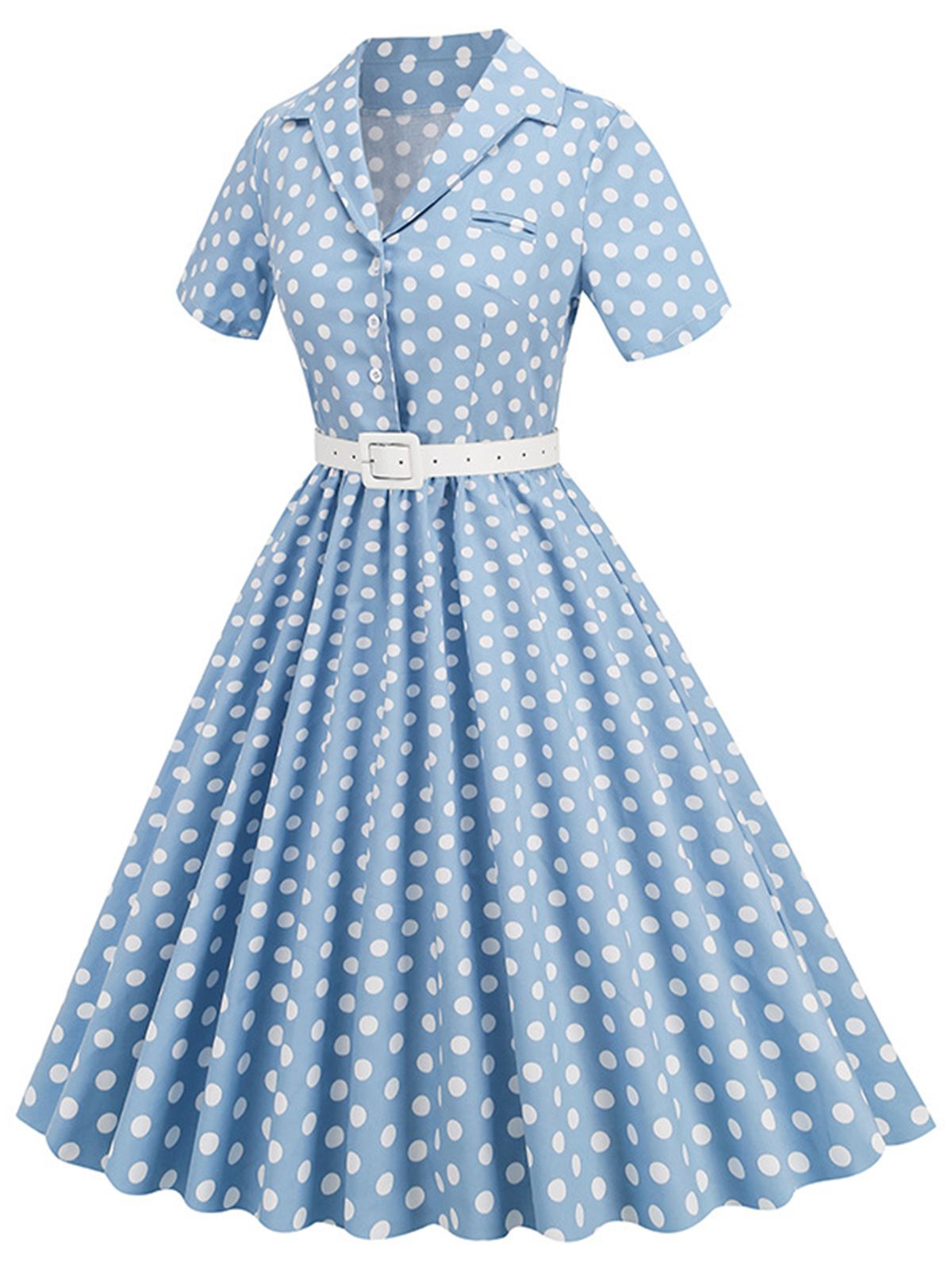 Polka Dots Lapel Belted Dress